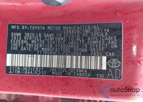 2018 Toyota Corolla Le из США, поврежденный, VIN 2T1BURHE4JC070464